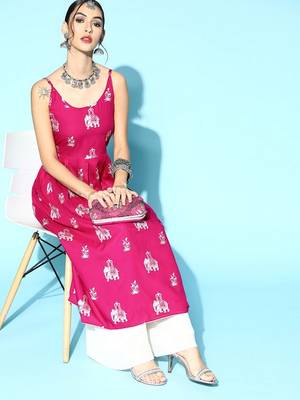 Pink Rayon Printed A-line Kurta 1