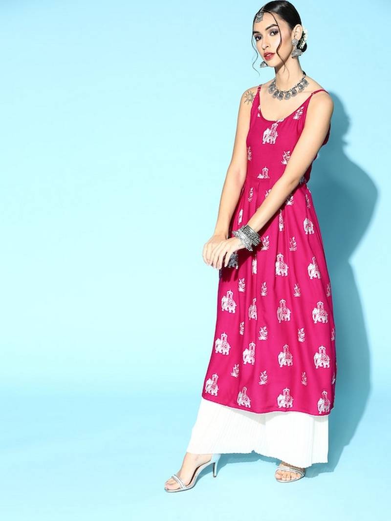 Pink Rayon Printed A-line Kurta