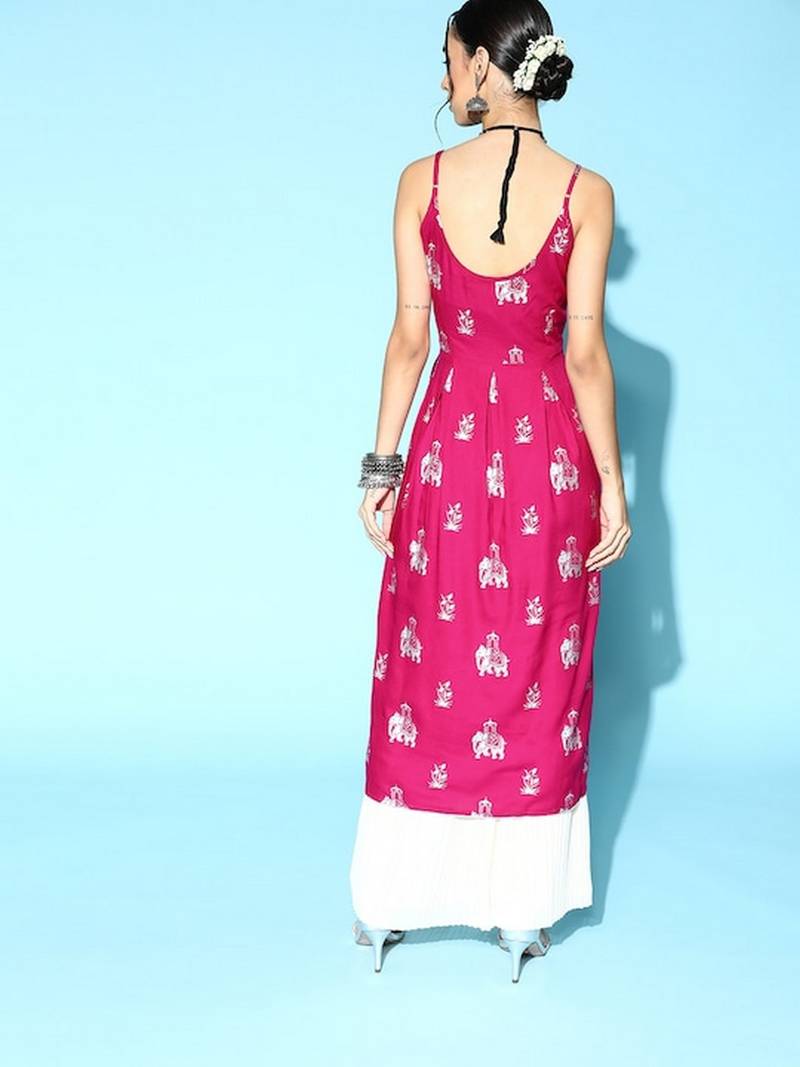 Pink Rayon Printed A-line Kurta