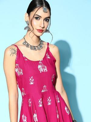 Pink Rayon Printed A-line Kurta 5