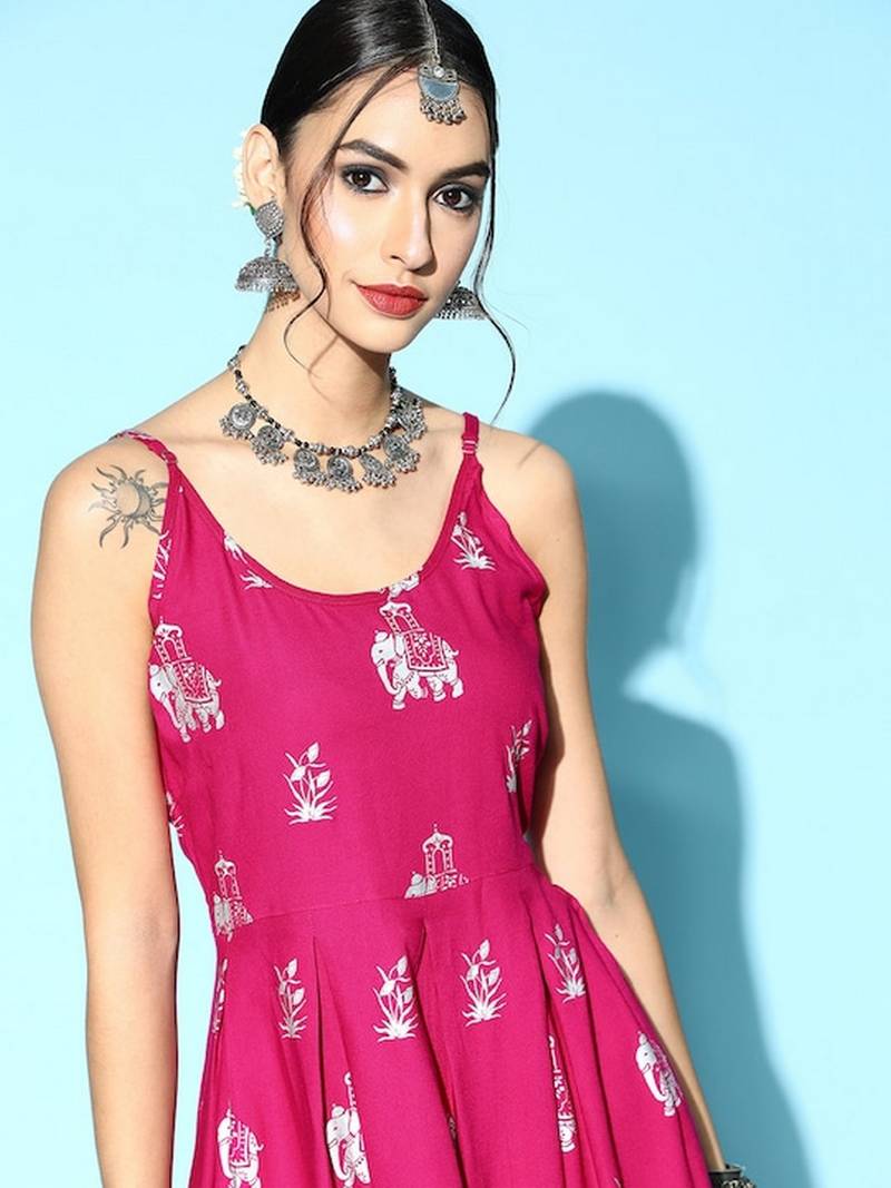 Pink Rayon Printed A-line Kurta