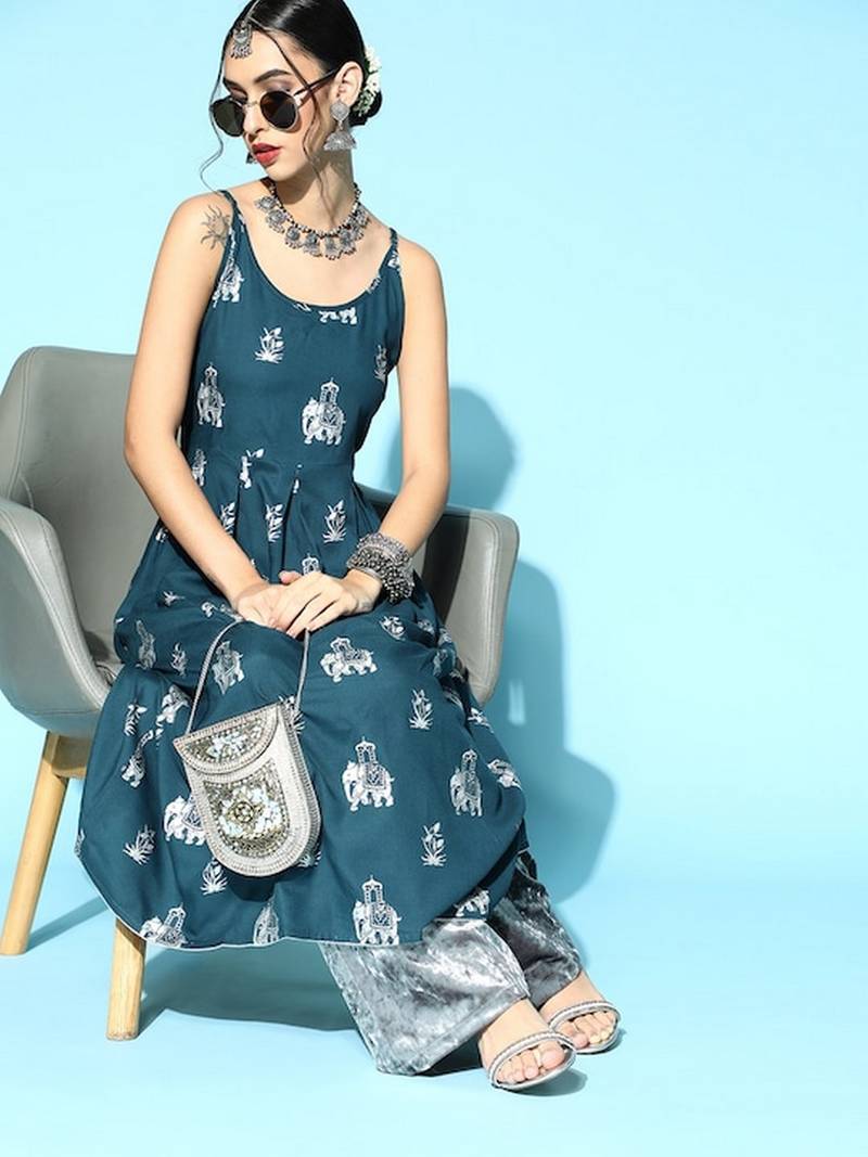 Teal Rayon Printed A-line Kurta