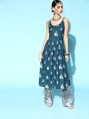 Teal Rayon Printed A-line Kurta 1