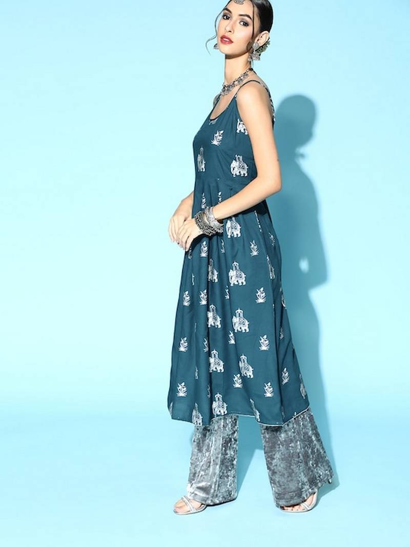 Teal Rayon Printed A-line Kurta