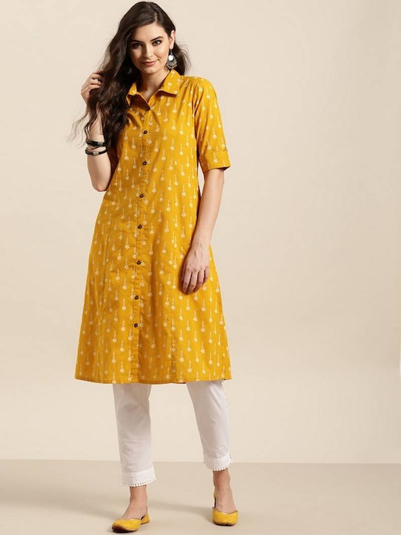 Women'S Yellow & Beige Ethnic Print A-Line Kurta main image 1