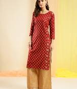 Maroon & Gold-Toned Viscose Rayon Ethnic Motifs Printed Kurta
