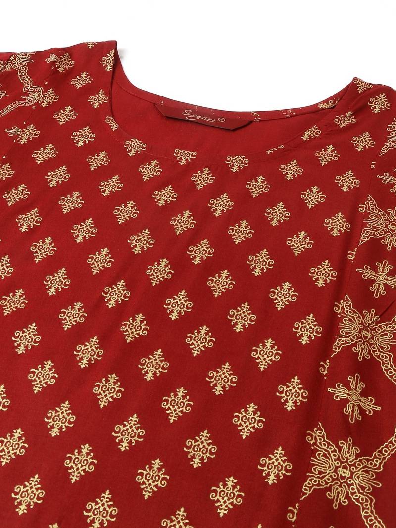 Maroon & Gold-Toned Viscose Rayon Ethnic Motifs Printed Kurta