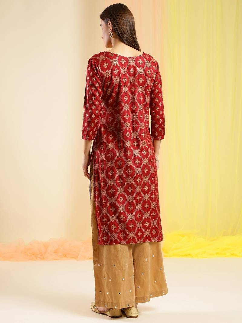 Maroon & Gold-Toned Viscose Rayon Ethnic Motifs Printed Kurta