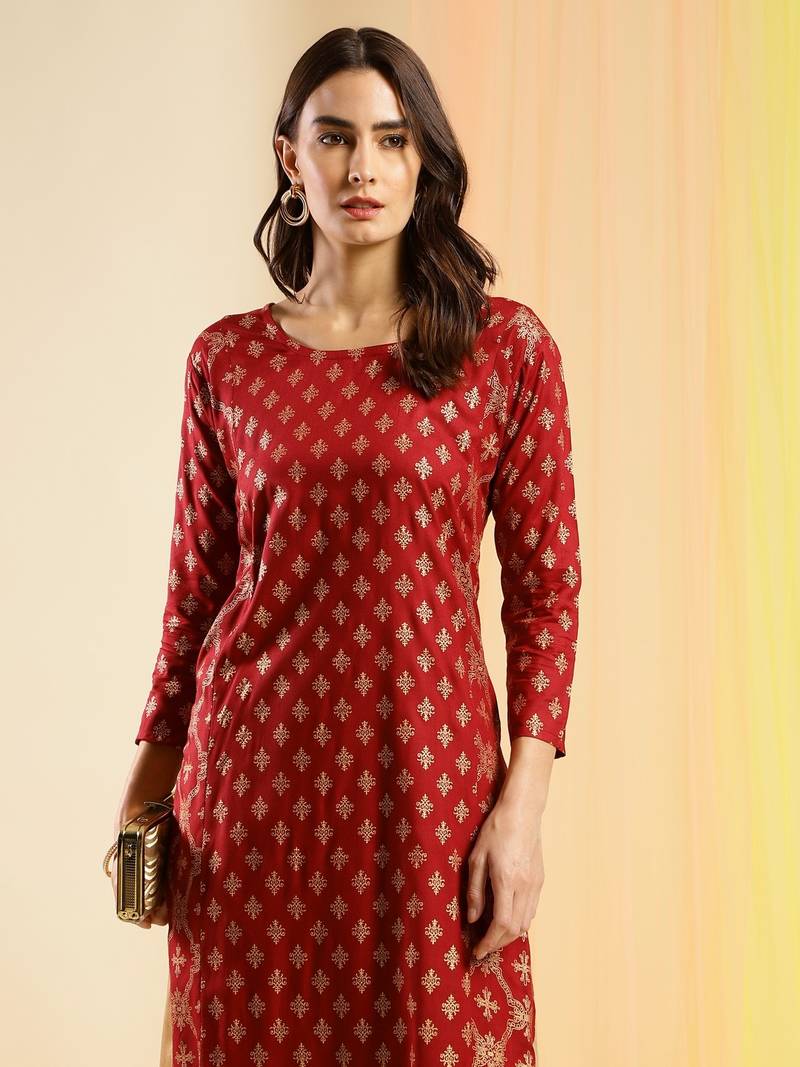 Maroon & Gold-Toned Viscose Rayon Ethnic Motifs Printed Kurta