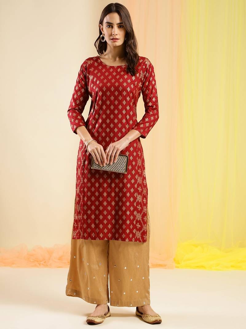 Maroon & Gold-Toned Viscose Rayon Ethnic Motifs Printed Kurta