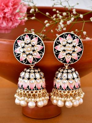 Black Meenakari and Kundan studded Gold Plated Jhumka earrings 5