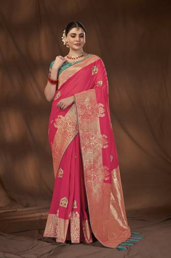 Manohari designer most trendy woven pink saree with unstitch blouse piece