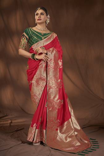 Manohari designer most trendy woven red saree with unstitch blouse piece