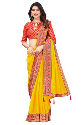 Yellow Vichitra Silk Blend Saree With Fancy Lace And Jacquard Blouse Piece. 1