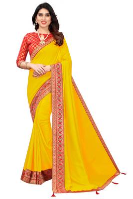 Yellow Vichitra Silk Blend Saree With Fancy Lace And Jacquard Blouse Piece. 2