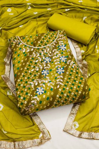 Lime Green Premium Jam Cotton Printed & Hand Work Dress Material