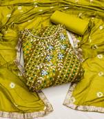 Lime Green Premium Jam Cotton Printed & Hand Work Dress Material