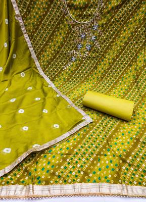 Lime Green Premium Jam Cotton Printed & Hand Work Dress Material 2