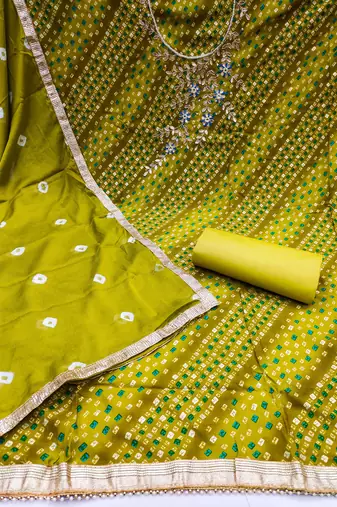 Lime Green Premium Jam Cotton Printed & Hand Work Dress Material