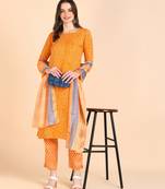 Women's Yellow Printed Cotton Kurti With Pant and Dupatta Set