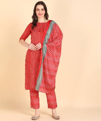 Women's Red Printed Cotton Kurti With Pant and Dupatta Set 1