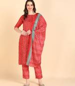 Women's Red Printed Cotton Kurti With Pant and Dupatta Set