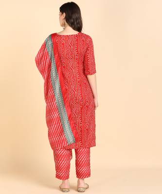 Women's Red Printed Cotton Kurti With Pant and Dupatta Set 2