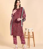 Women's Maroon Printed Cotton Kurti With Pant and Dupatta Set