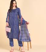 Women's Blue Printed Cotton Kurti With Pant and Dupatta Set