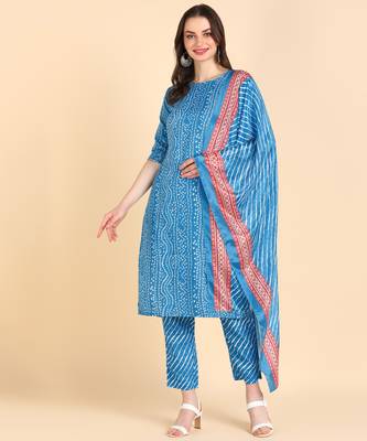 Women's Sky Blue Printed Cotton Kurti With Pant and Dupatta Set 1