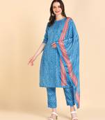 Women's Sky Blue Printed Cotton Kurti With Pant and Dupatta Set