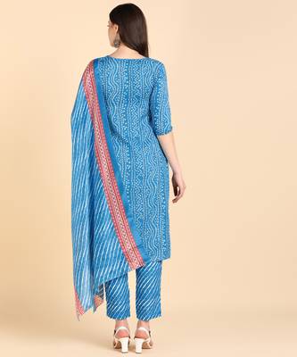 Women's Sky Blue Printed Cotton Kurti With Pant and Dupatta Set 2