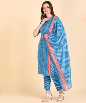 Women's Sky Blue Printed Cotton Kurti With Pant and Dupatta Set 3