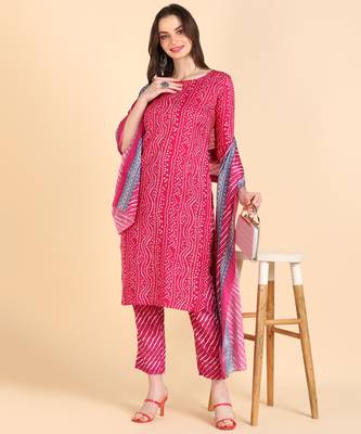 Women's Pink Printed Cotton Kurti With Pant and Dupatta Set 1