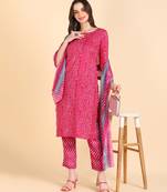 Women's Pink Printed Cotton Kurti With Pant and Dupatta Set