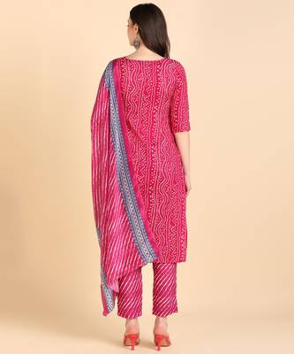 Women's Pink Printed Cotton Kurti With Pant and Dupatta Set 2