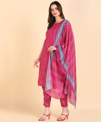 Women's Pink Printed Cotton Kurti With Pant and Dupatta Set 3