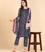 Women's Navy Blue Printed Cotton Kurti With Pant and Dupatta Set
