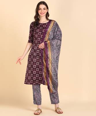 Women's Purple Printed Cotton Kurti With Pant and Dupatta Set 1