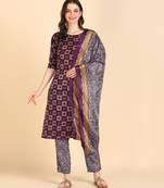 Women's Purple Printed Cotton Kurti With Pant and Dupatta Set