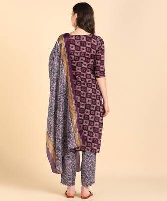 Women's Purple Printed Cotton Kurti With Pant and Dupatta Set 2