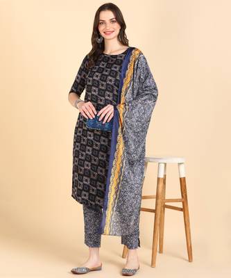Women's Navy blue Printed Cotton Kurti With Pant and Dupatta Set 1
