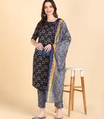 Women's Navy blue Printed Cotton Kurti With Pant and Dupatta Set
