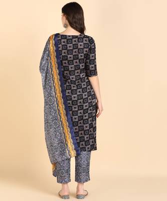 Women's Navy blue Printed Cotton Kurti With Pant and Dupatta Set 2
