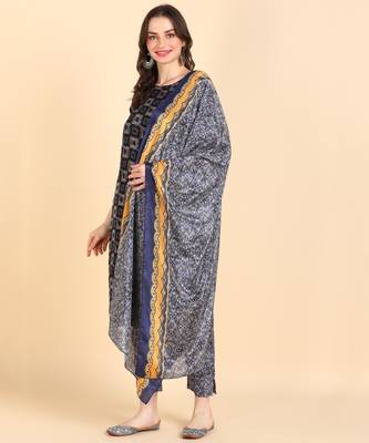 Women's Navy blue Printed Cotton Kurti With Pant and Dupatta Set 3