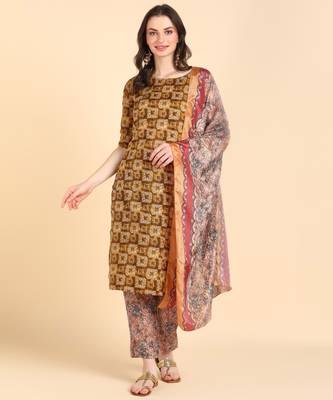 Women's Mustard Printed Cotton Kurti With Pant and Dupatta Set 1