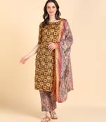 Women's Mustard Printed Cotton Kurti With Pant and Dupatta Set