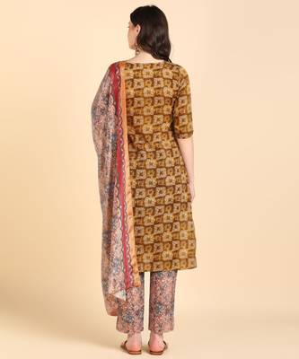 Women's Mustard Printed Cotton Kurti With Pant and Dupatta Set 2