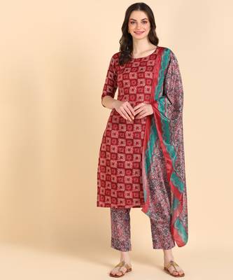 Women's Red Printed Cotton Kurti With Pant and Dupatta Set 1