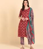 Women's Red Printed Cotton Kurti With Pant and Dupatta Set